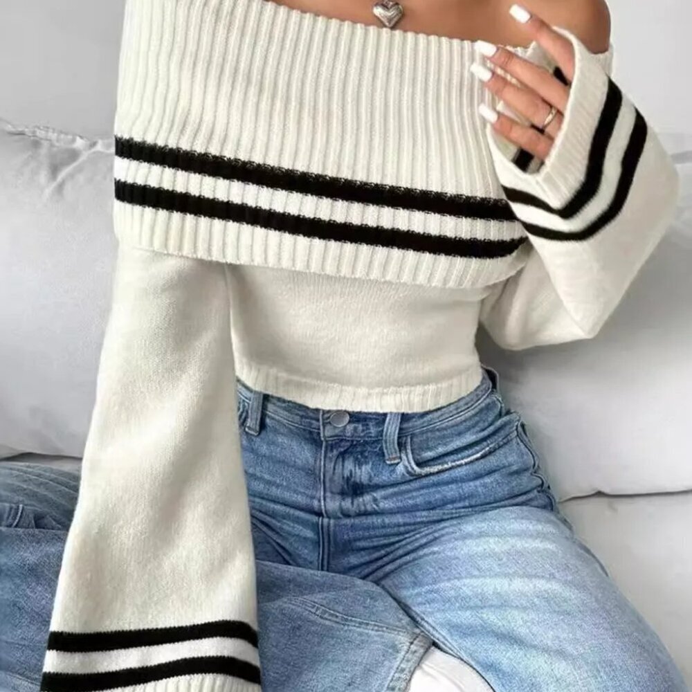 Ribbed Off-Shoulder Striped Knit Top - Picture 4 of 6